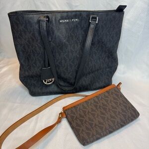Michael Kors Signature Morgan Tote Black Shoulder Bag & Fanny Pack Belt Brown